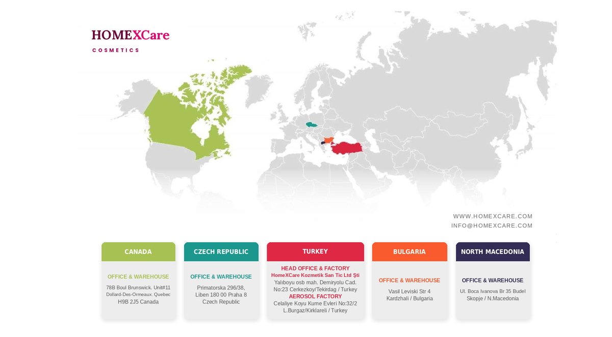 World map of HomeXCare Cosmetics offices, warehouses and factories in Turkey, Canada, the Czech Republic, Bulgaria and North Macedonia
