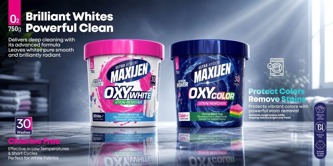 Ultra Hygiene Maxijen Oxy White and Oxy Color oxygen stain removers in 750 g tubs