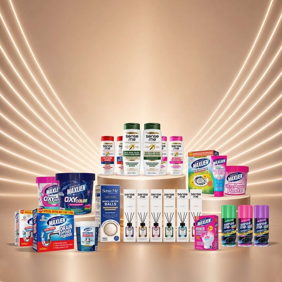 The complete Ultra Hygiene Maxijen and Sense Me Premium product range manufactured by HomeXCare Cosmetics — detergents, cleaners, personal care and home fragrance