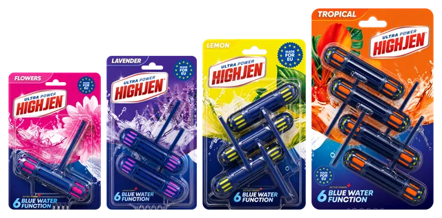 WC блокчета HIGHJEN Blue Water в ароматите Flowers, Lavender, Lemon и Tropical, в опаковки с 1, 2, 3 и 4 блокчета