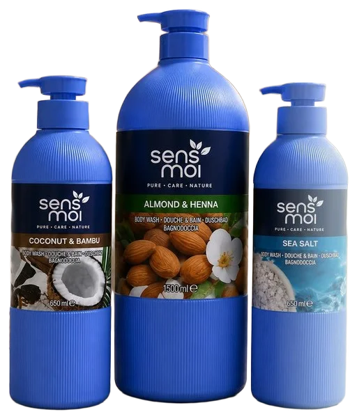 Душ гелове sens moi в бутилки с помпа: Coconut & Bambu, Almond & Henna и Sea Salt