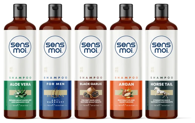 Шампоани sens moi 750 мл: Aloe Vera, For Men, Black Garlic, Argan и Horse Tail