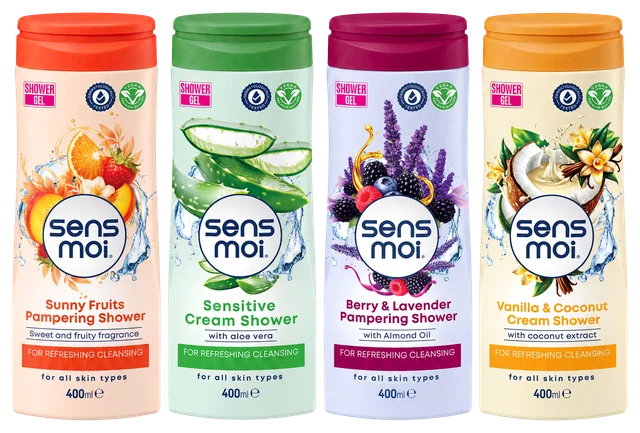 Душ гелове sens moi 400 мл: Sunny Fruits, Sensitive, Berry & Lavender и Vanilla & Coconut